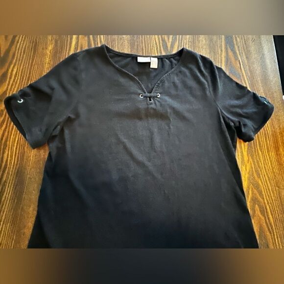 Chicos Black Short-Sleeve Tee grommet lace up‎ top size 2 women’s - Picture 7 of 12